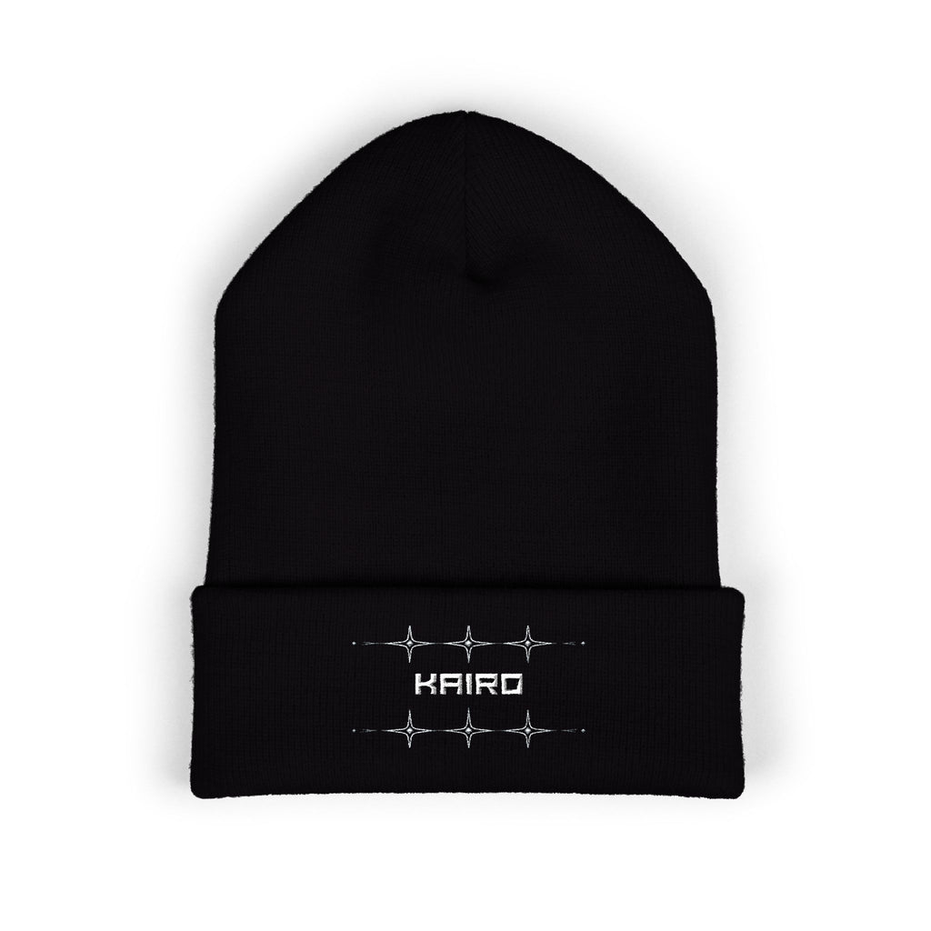 Kairo Embroidered Cuffed Beanie — Minimal Retro Pixel Logo Knit Hat