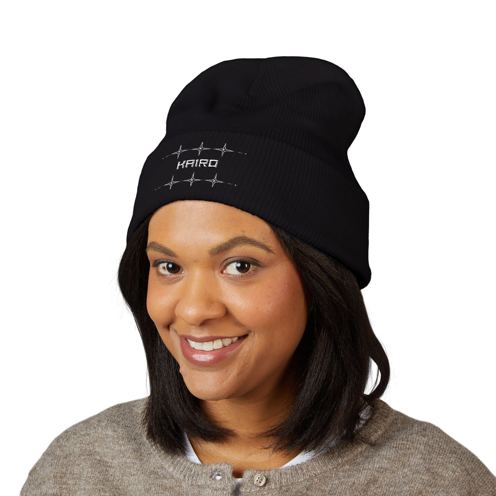 Kairo Embroidered Cuffed Beanie — Minimal Retro Pixel Logo Knit Hat